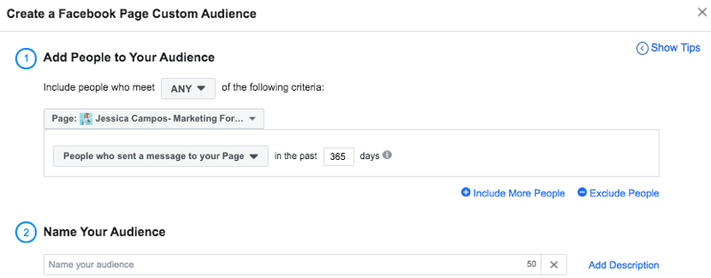 iestatiet Facebook pielāgotu auditoriju no cilvēkiem, kuri sūta ziņojumus