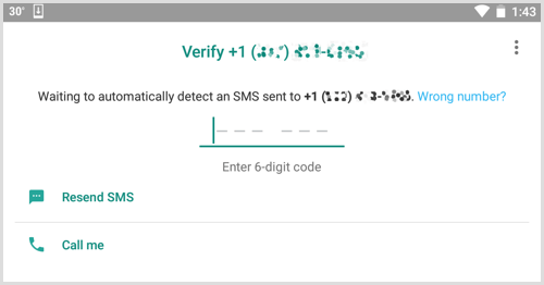 Ievadiet WhatsApp Business saņemto verifikācijas kodu.
