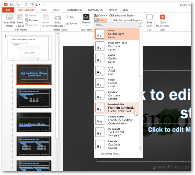 Office 2013 veidne Izveidot Pielāgota dizaina izveidošanu POTX Slaidu slaidu pielāgošana Apmācība Kā slīdēt galvenos fontus mainīt konfigurēt 
