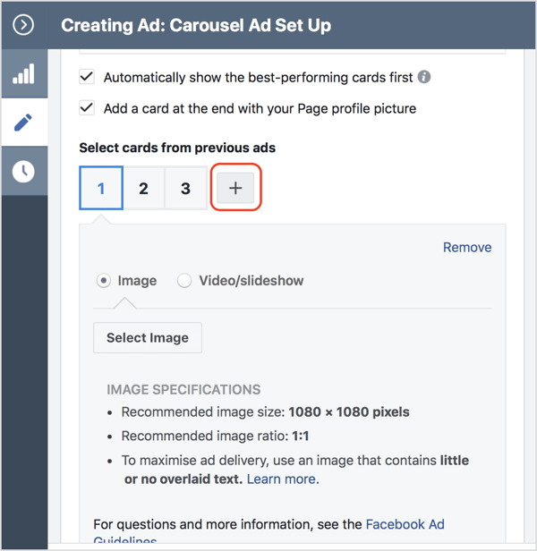 Noklikšķiniet uz ikonas +, lai savai Facebook karuseļa reklāmai pievienotu karti.