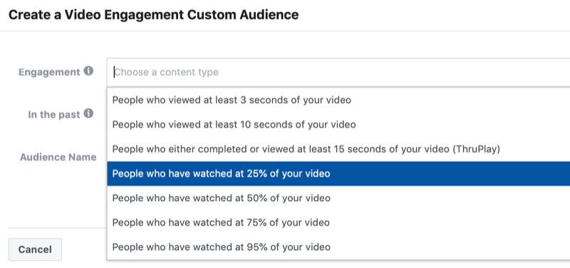 dialoglodziņš, lai izveidotu Facebook video iesaistes pielāgoto auditoriju