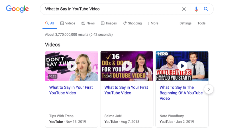 Google meklēšanas ekrānuzņēmums, ko teikt YouTube videoklipā, atzīmējot video meklēšanas rezultātus