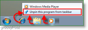 Windows 7 Atvienojiet programmu no uzdevumjoslas ekrānuzņēmuma