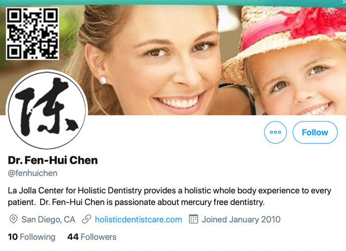 @fenhuichen twitter profila ekrānuzņēmums ar saiti uz viņas vietni, kur ir pieejama kontaktinformācija un tikšanās rezervēšana