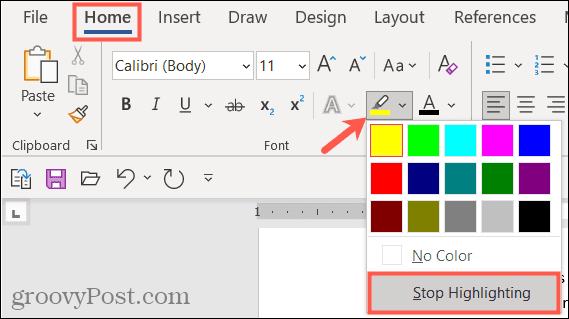 Pārtrauciet izcelt tekstu programmā Word