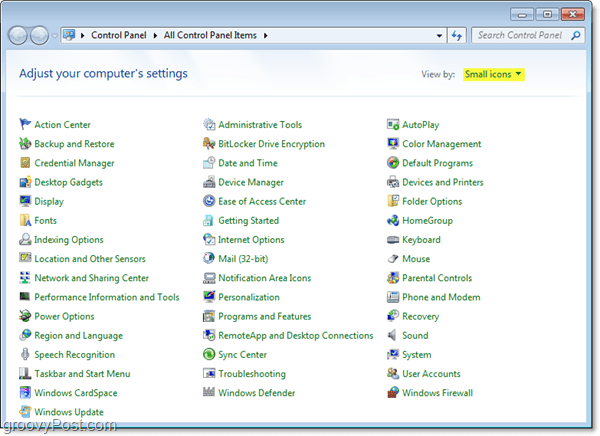 Windows 7 vadības panelis automātiski tiek parādīts mazo ikonu skatā
