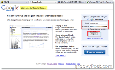 Google lasītāja pieteikšanās lapa:: groovyPost.com