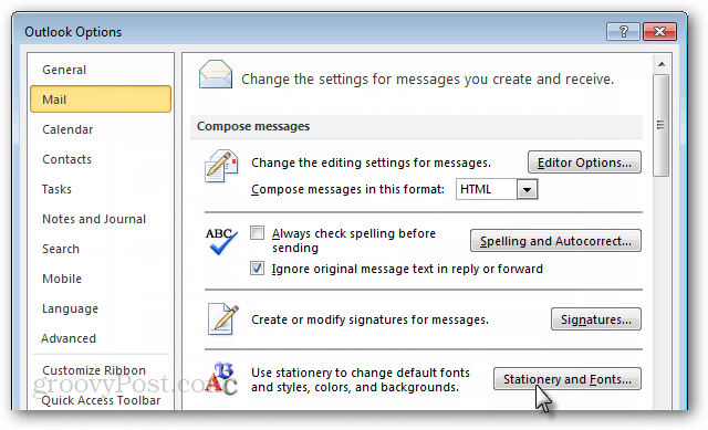 Kā mainīt noklusējuma fontu programmā Outlook 2010