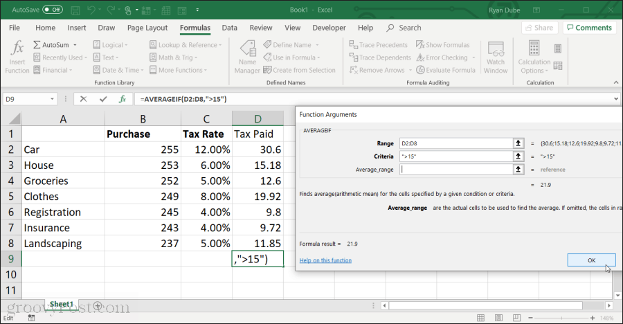 Izmantojot hte vidējo funkciju Excel
