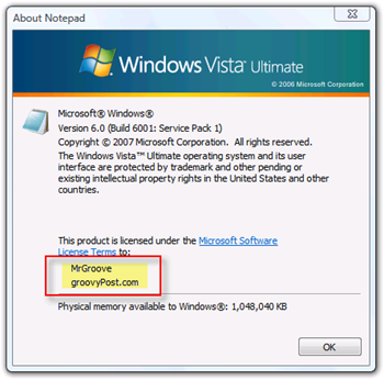 Displeja īpašnieks un organizācija Windows Vista