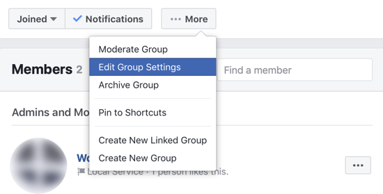 Kā uzlabot savu Facebook grupas kopienu, izvēlnes opcija, lai rediģētu Facebook grupas iestatījumus