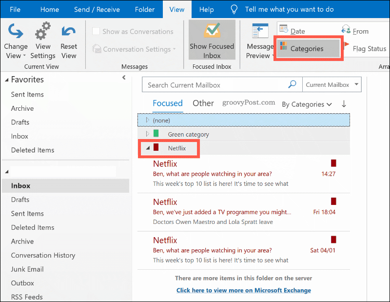 E-pasti, kas sakārtoti programmā Outlook pēc krāsu kategorijas