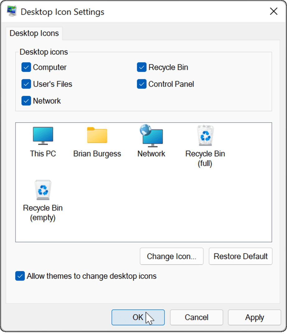 atgūt mantotās darbvirsmas ikonas operētājsistēmā Windows 11