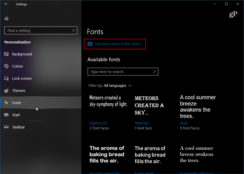 Windows-10 fontu iestatījumi