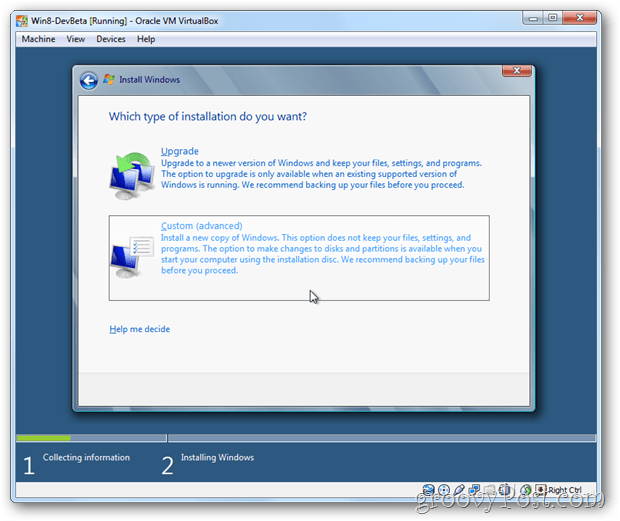 VirtualBox Windows 8 izvēlieties pielāgotu instalēšanu