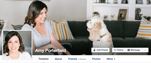 Eimija Porterfīlda personīgajam Facebook profilam izmanto gadījuma attēlus, kas joprojām darbotos biznesa kontekstā.