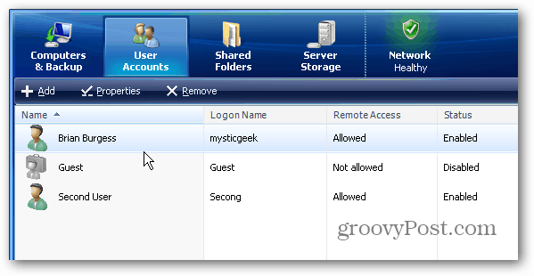 Lietotāju kontu pievienošana Windows mājas serverim