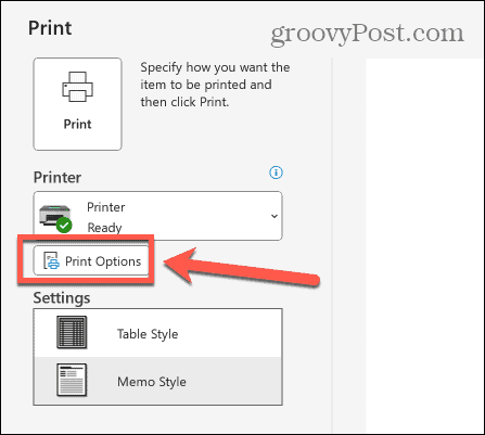 Outlook drukas opcijas