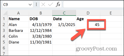 Excel vecumu noteiktā datumā
