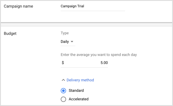 Pievienojiet kampaņas nosaukumu un budžetu pakalpojumā Google AdWords.