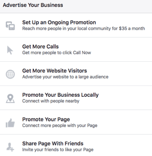 Izmantojot Facebook lapu, varat piekļūt dažādām reklāmas iespējām.