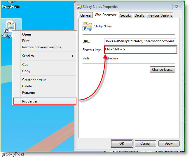 Windows 7 Izveidot jaunu īsinājumtaustiņu piešķiršanas izvēlni: Ekrānuzņēmums