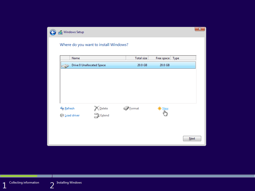 07 Izveidojiet jaunu nodalījumu no nepiešķirtās vietas 5 Windows 10 tīrā instalēšana