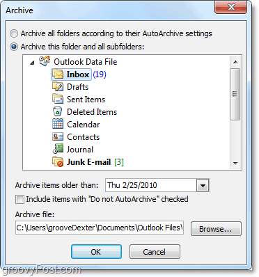 manuālā arhīva iestatījumi programmā Outlook 2010