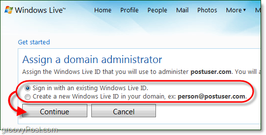 izveidojiet Windows Live domēna administratora kontu vai izmantojiet pašreizējo tiešsaistes kontu