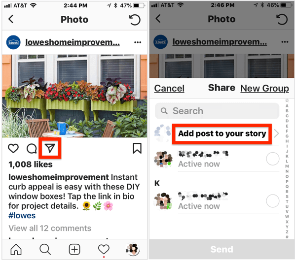 Lai savam Instagram stāstam pievienotu publisku ziņu, atveriet ziņu, zem attēla pieskarieties lidmašīnas ikonai un pēc tam uznirstošajā izvēlnē atlasiet Pievienot ziņu savam stāstam.