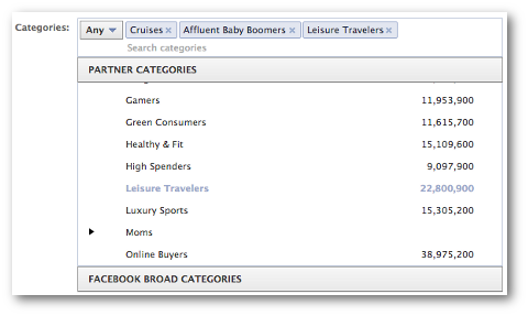 izvēlieties facebook partneru kategorijas