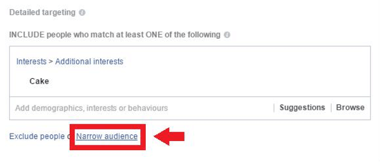 Sadaļā Detalizēta mērķauditorijas atlase noklikšķiniet uz saites Šaurā auditorija.