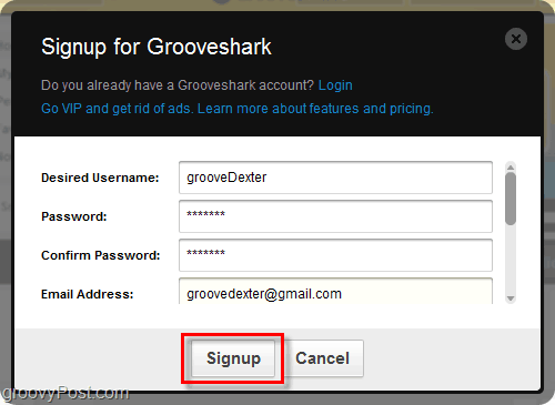 Grooveshark pierakstīšanās process