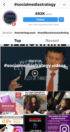 Kā stratēģiski attīstīt savu Instagram, veicot 11. darbību, atrodiet atbilstošus ziņu piemērus, izlasiet “#socialmediastrategy” videoklipus