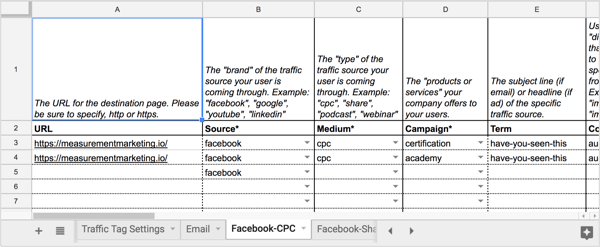 Atveriet UTM Builder izklājlapas cilni Facebook-CPC.