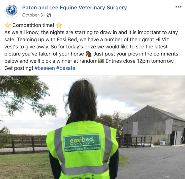 Facebook ziņojuma piemērs ar Patona un Lī zirgu veterinārā ķirurga konkursu.