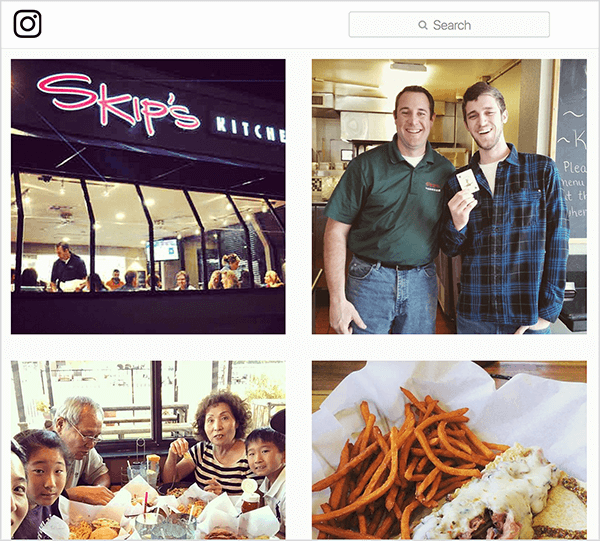Šis ir Instagram fotoattēlu ekrānšāviņš ar atzīmi #skipsdiner. Viens parāda restorāna ārpusi, viens parāda vīrieti, kuram ir karte, it kā viņš būtu uzvarējis Džokera spēlē, viens parāda ģimeni, kas ēd pie galda, un viens parāda ēdienu, ko kāds pasūtījis. Jay Baer saka, ka Joker spēle ir runas izraisītāja piemērs.