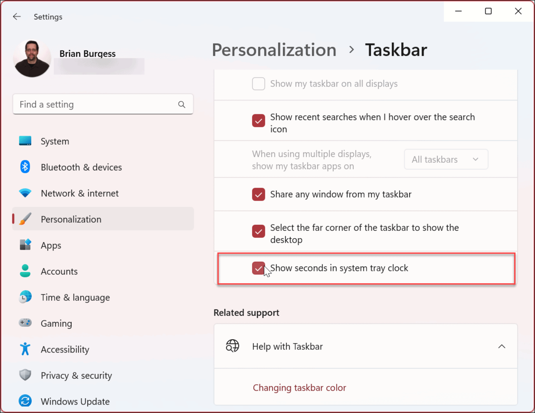Rādīt sekundes operētājsistēmā Windows 11 uzdevumjoslas pulkstenis