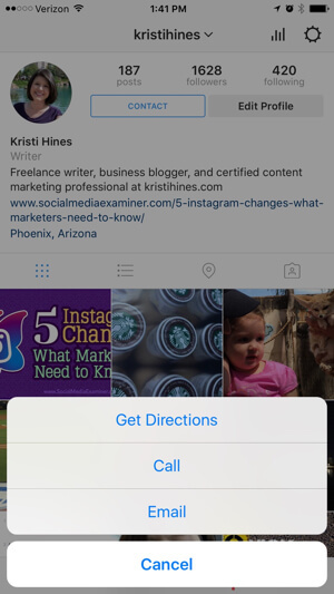 instagram biznesa profila kontaktu iespējas