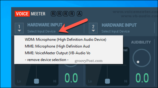 VoiceMeeter aparatūras ievades opcijas izvēle