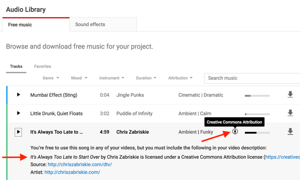 Mūzikas faili YouTube audio bibliotēkā ņems vērā, ja jums ir nepieciešams ieskaitīt sākotnējo veidotāju.