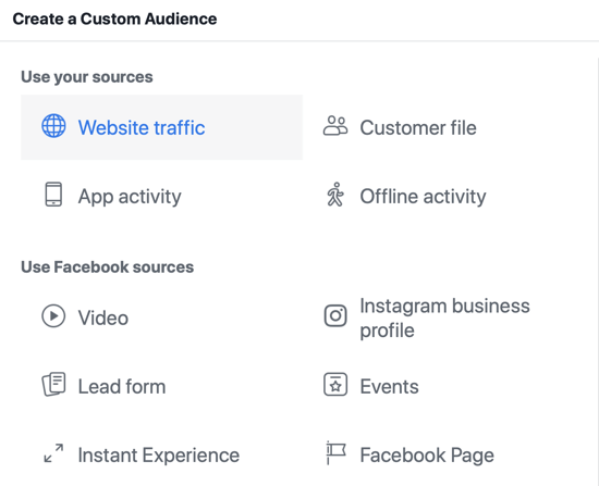 Lai atlasītu vietnes trafiku kā auditorijas avotu, izmantojiet Facebook notikumu iestatīšanas rīka 14. darbības Facebook izvēlnes opciju