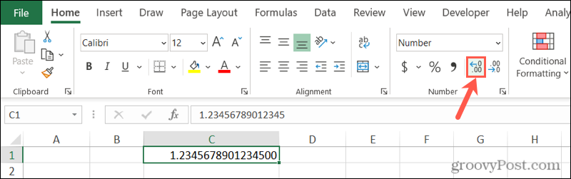 Pārtrauciet Excel noapaļot skaitļus ar pogu Palielināt decimāldaļu