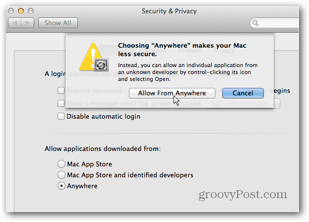 Izslēdziet OS X Mountain Lion Gatekeeper drošību