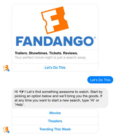 Fandango Facebook Messenger tērzēšanas robots palīdz lietotājiem atlasīt filmas.
