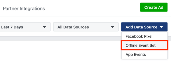 Iespēja atlasīt bezsaistes notikumu kopu kā datu avotu saviem Facebook Ads bezsaistes notikumiem.