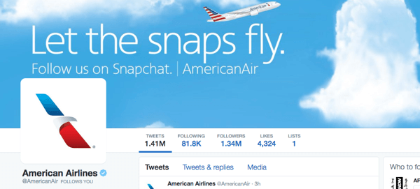 amerikāņu aviosabiedrības twitter attēls ar snapchat