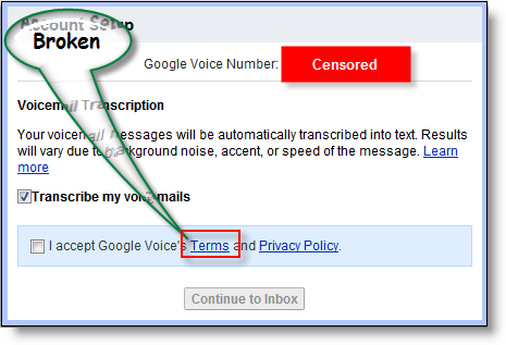 Google Voice pakalpojumu sniegšanas noteikumu saite ir bojāta