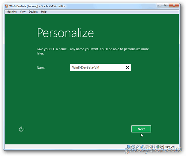 VirtualBox Windows 8 personalizējiet iestatīšanas datora nosaukumu