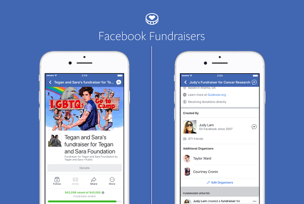 Zīmolu un sabiedrisko darbinieku Facebook lapas tagad var izmantot Facebook līdzekļu vākšanas līdzekļus, lai savāktu naudu bezpeļņas mērķiem, un bezpeļņas organizācijas to pašu var darīt savās lapās.